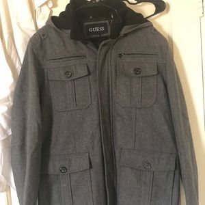 Guess Men's Gray Military Style Hooded Pea Coat